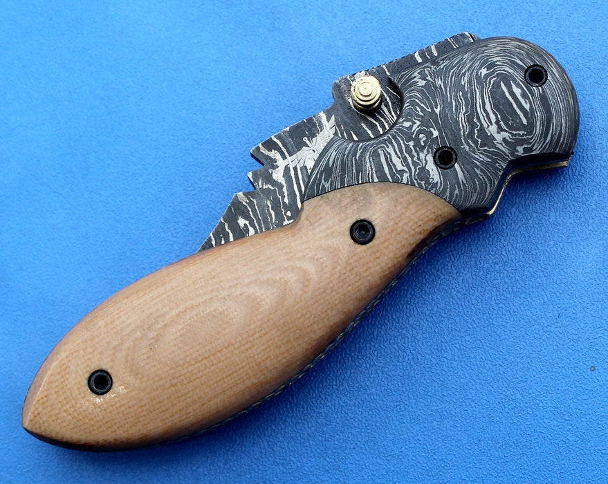 HTK -151  Damascus Knife custom handmade Folder / Micarta handle / Damascus steel bolster / Liner Lock