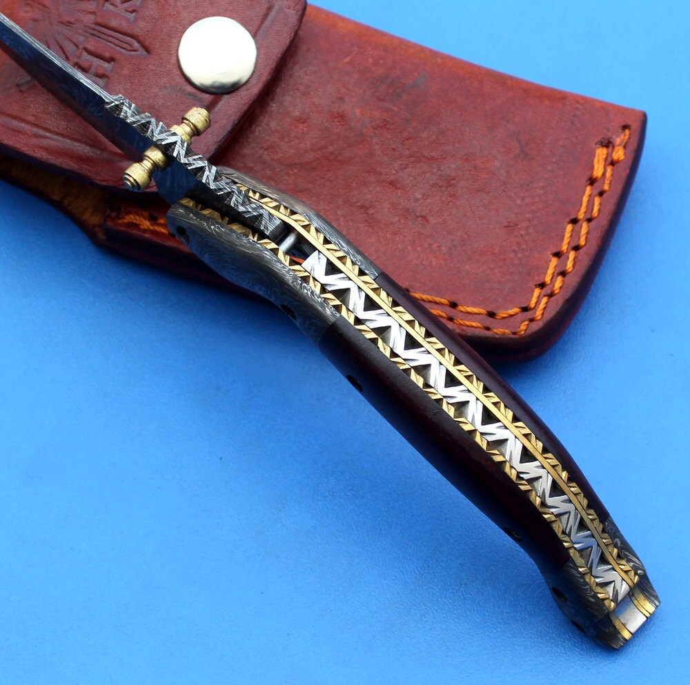 HTK -175 Damascus Folder / Hand Made / Custom / Purple Heart Wood handle / Damascus steel bolster / Liner Lock - HomeTown Knives