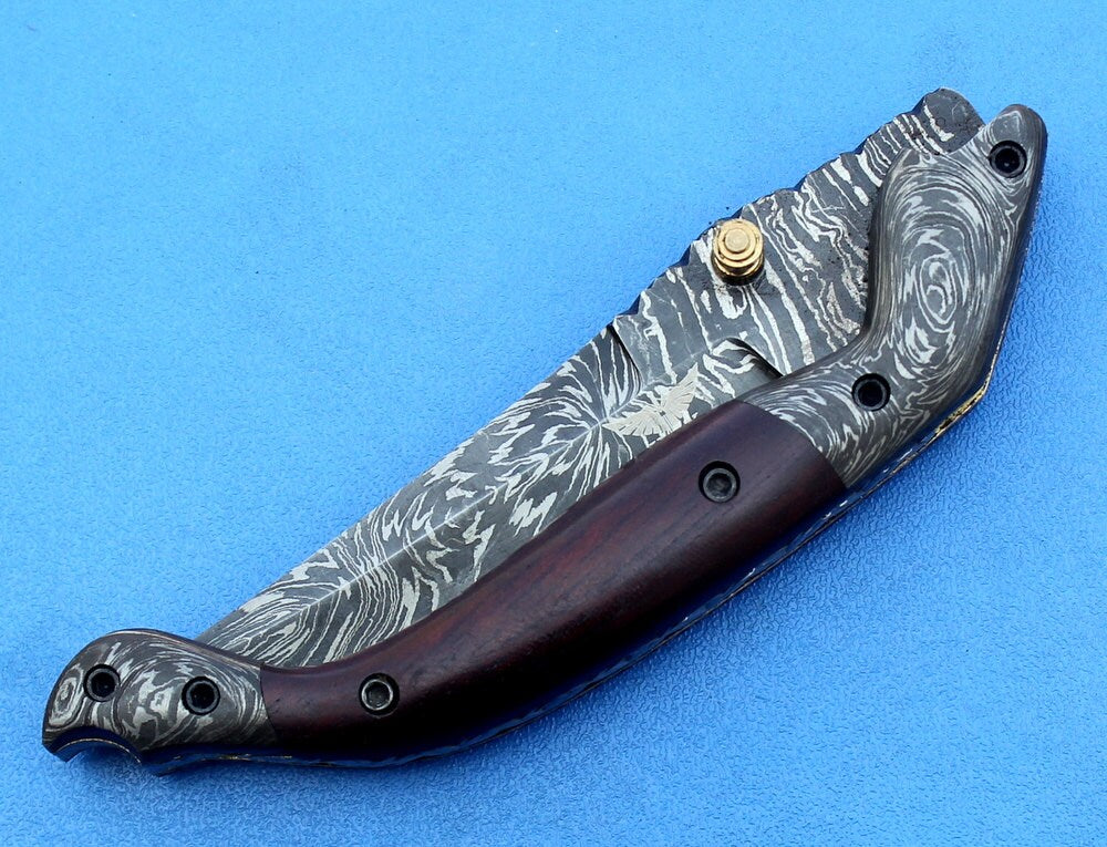HTK -175 Damascus Folder / Hand Made / Custom / Purple Heart Wood handle / Damascus steel bolster / Liner Lock - HomeTown Knives