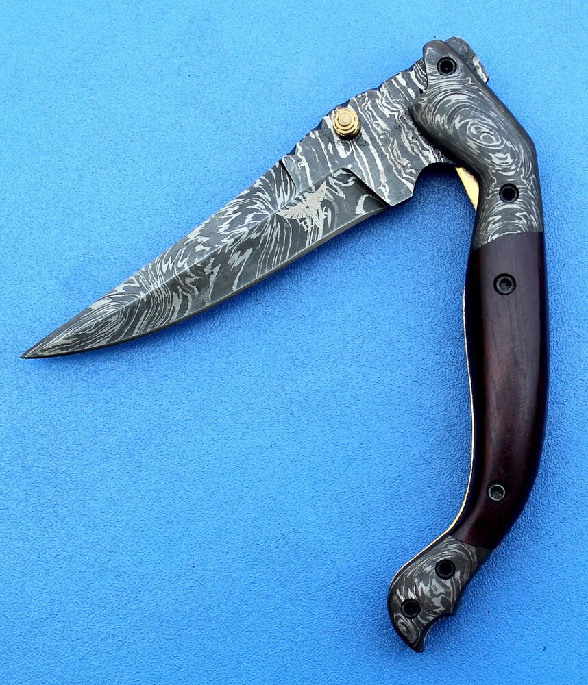 HTK -175 Damascus Folder / Hand Made / Custom / Purple Heart Wood handle / Damascus steel bolster / Liner Lock - HomeTown Knives