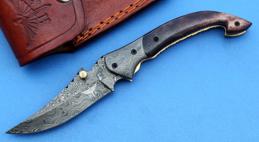 HTK -178 Damascus Folder / Hand Made / Custom / Colour Camel Bone handle / Damascus steel bolster / Liner Lock - HomeTown Knives