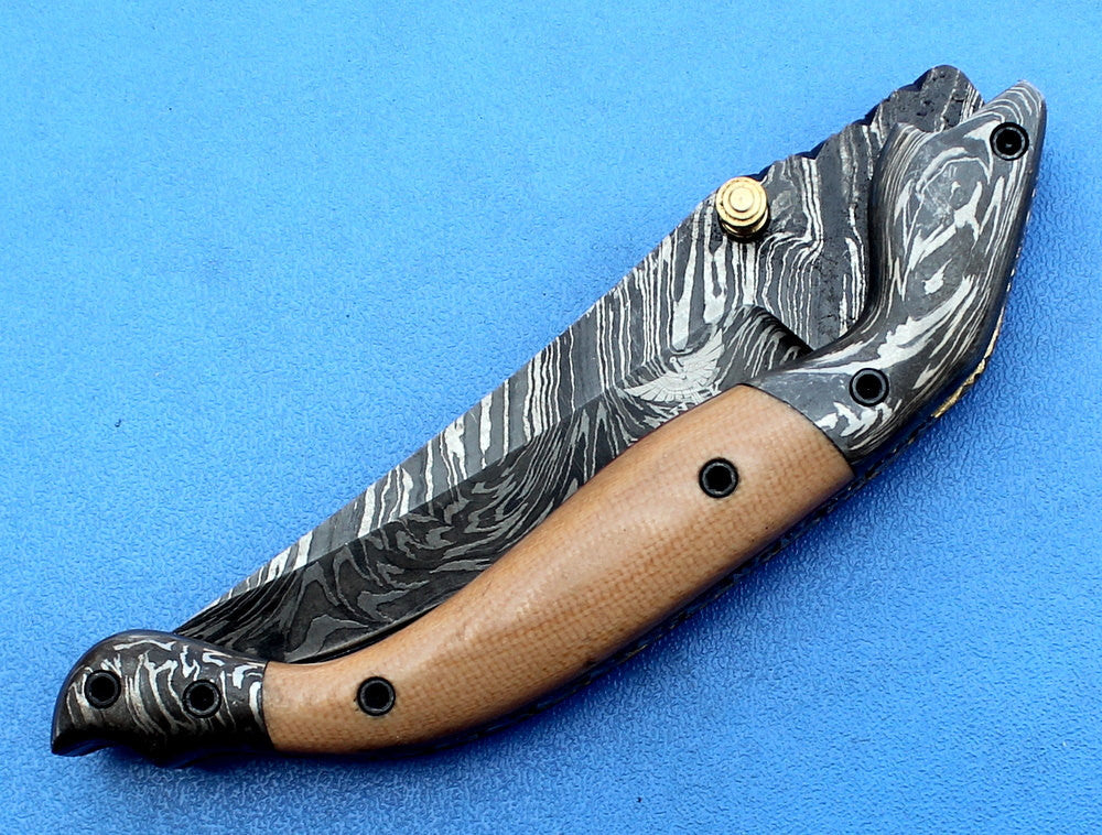 HTK -180 Damascus Folder / Hand Made / Custom / Purple Heart Wood handle / Damascus steel bolster / Liner Lock - HomeTown Knives