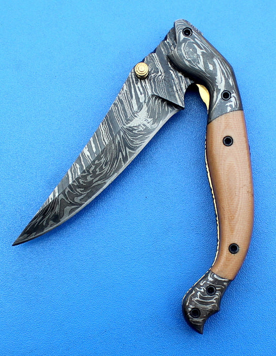 HTK -180 Damascus Folder / Hand Made / Custom / Purple Heart Wood handle / Damascus steel bolster / Liner Lock - HomeTown Knives