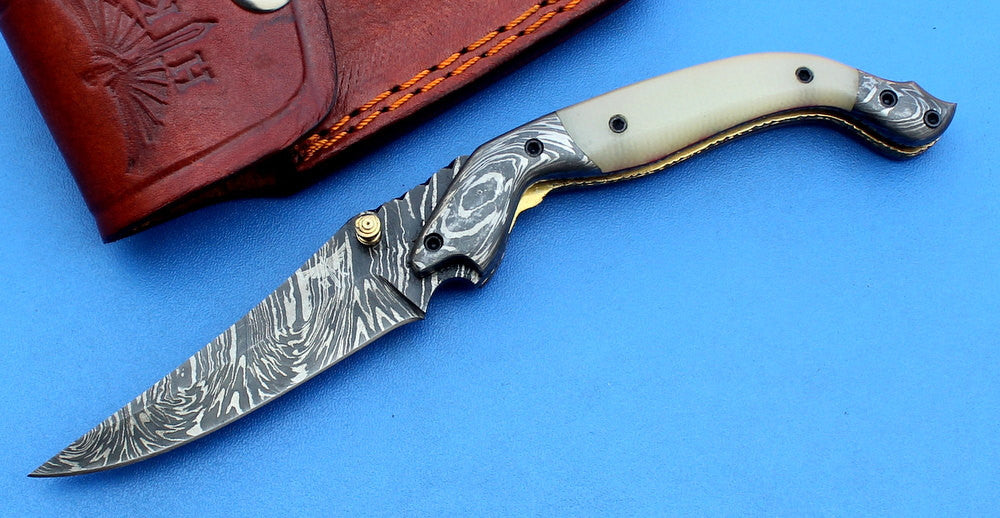 HTK -181 Damascus Folder / Hand Made / Custom / Micarta handle / Damascus steel bolster / Liner Lock - HomeTown Knives