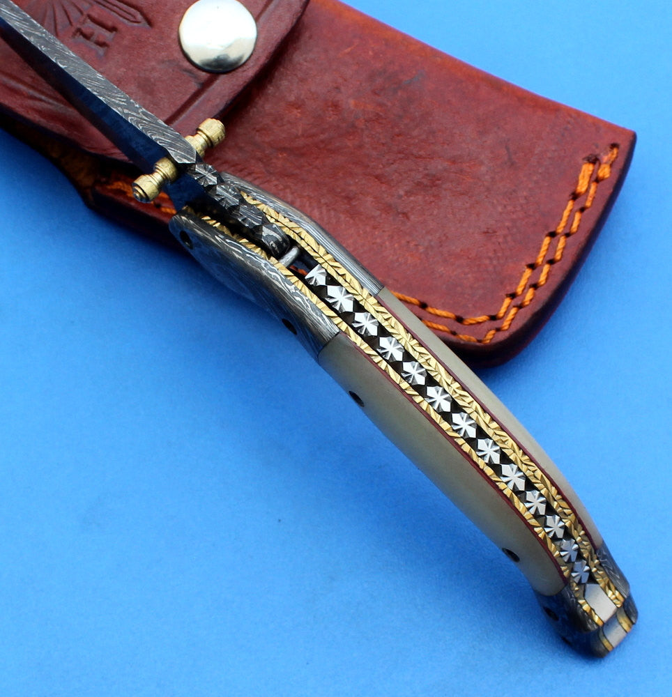HTK -181 Damascus Folder / Hand Made / Custom / Micarta handle / Damascus steel bolster / Liner Lock - HomeTown Knives