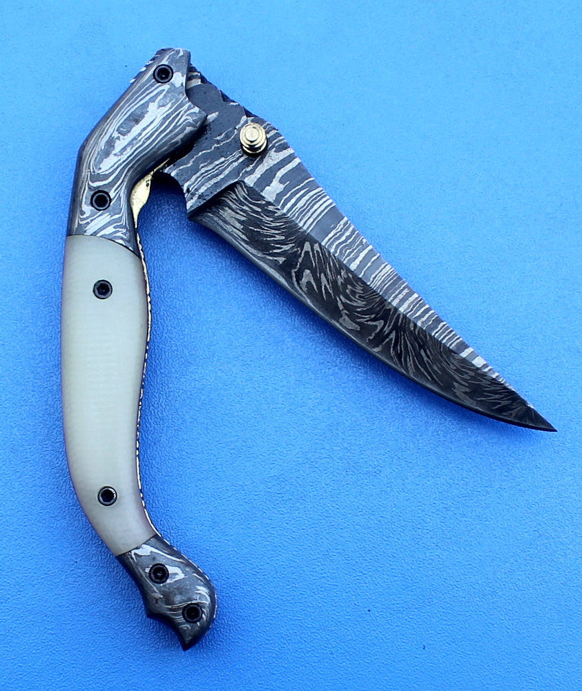 HTK -181 Damascus Folder / Hand Made / Custom / Micarta handle / Damascus steel bolster / Liner Lock - HomeTown Knives