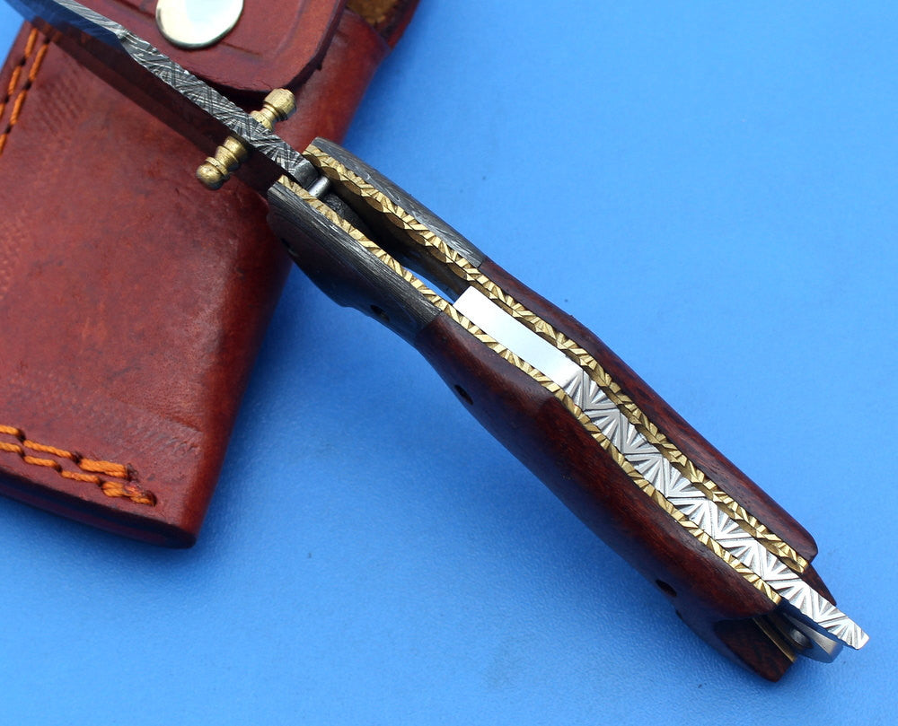 HTK -176 Damascus Folder / Hand Made / Custom / Lace Wood handle / Damascus steel bolster / Liner Lock - HomeTown Knives