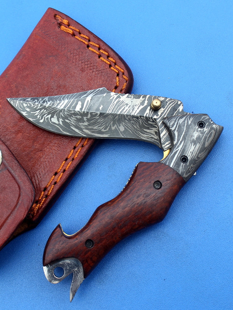 HTK -176 Damascus Folder / Hand Made / Custom / Lace Wood handle / Damascus steel bolster / Liner Lock - HomeTown Knives