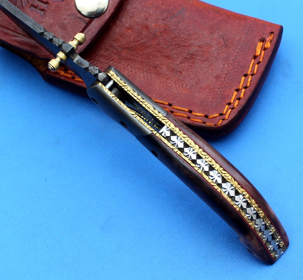 HTK -178 Damascus Folder / Hand Made / Custom / Colour Camel Bone handle / Damascus steel bolster / Liner Lock - HomeTown Knives