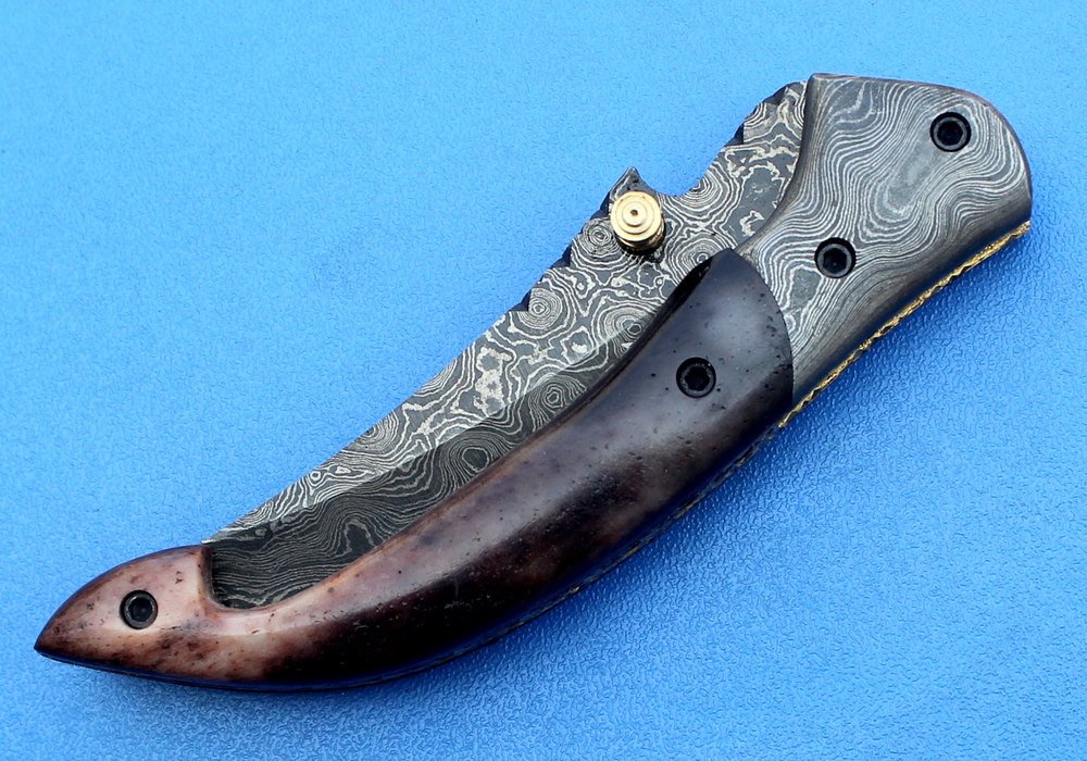 HTK -178 Damascus Folder / Hand Made / Custom / Colour Camel Bone handle / Damascus steel bolster / Liner Lock - HomeTown Knives