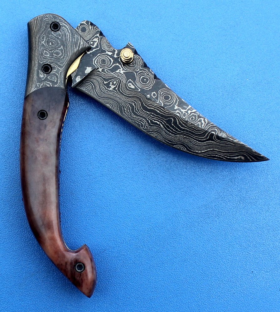 HTK -178 Damascus Folder / Hand Made / Custom / Colour Camel Bone handle / Damascus steel bolster / Liner Lock - HomeTown Knives