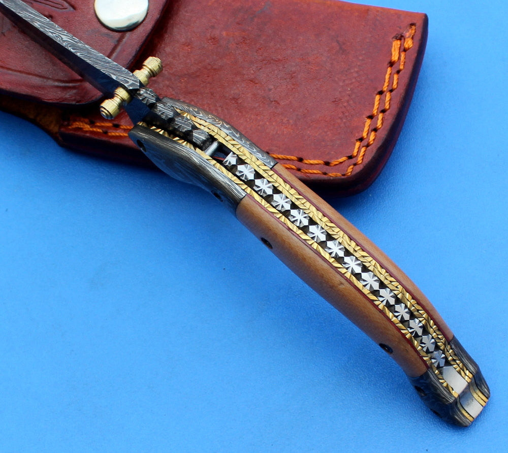 HTK -180 Damascus Folder / Hand Made / Custom / Purple Heart Wood handle / Damascus steel bolster / Liner Lock - HomeTown Knives