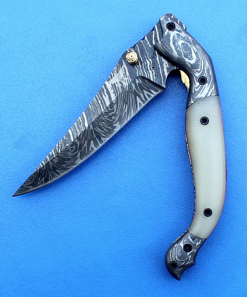 HTK -181 Damascus Folder / Hand Made / Custom / Micarta handle / Damascus steel bolster / Liner Lock - HomeTown Knives