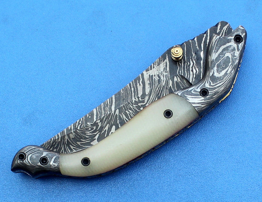 HTK -181 Damascus Knife custom handmade Folding knife /  White G10 handle / Damascus steel bolster / Liner Lock - HomeTown Knives