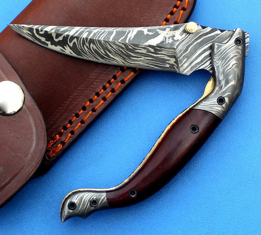 HTK -188  Damascus Knife custom handmade Folder / ROSE Wood handle / Damascus steel bolster / Liner Lock - HomeTown Knives
