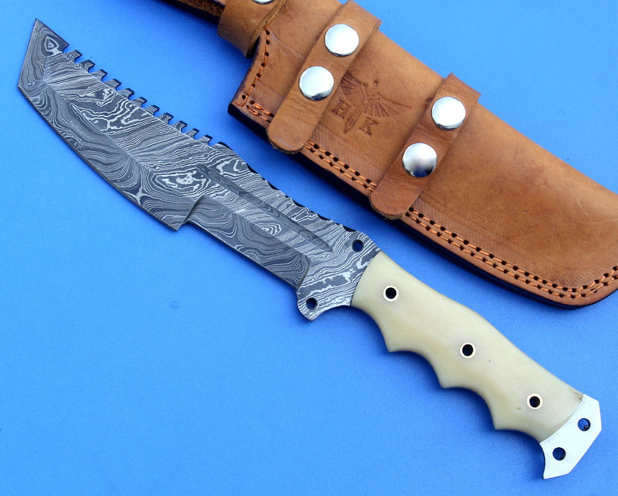 HT-52 Damascus Knife custom handmade Tracker / Camel Bone handle