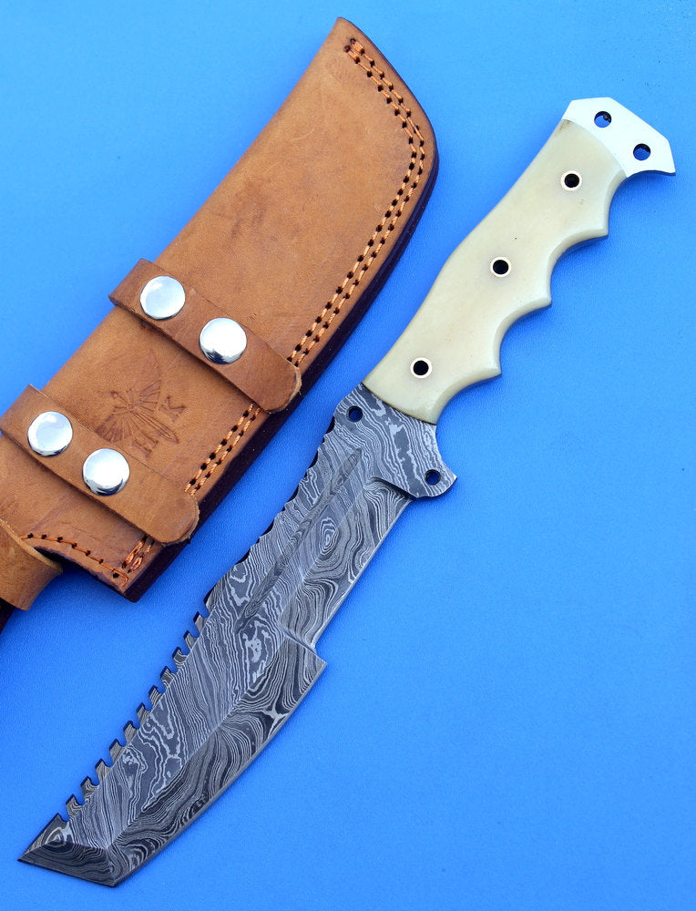 HT-52 Damascus Knife custom handmade Tracker / Camel Bone handle