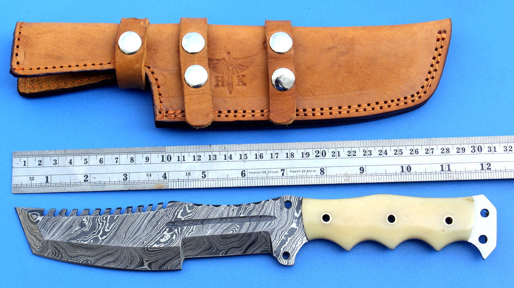 HT-52 Damascus Knife custom handmade Tracker / Camel Bone handle