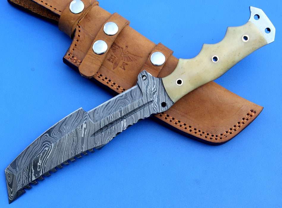 HT-52 Damascus Knife custom handmade Tracker / Camel Bone handle