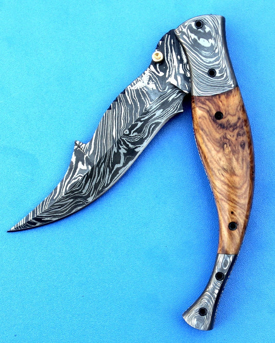 HTK-207 Damascus knife  Custom Hand Made / Olive Wood handle / Damascus steel bolster / Liner Lock - HomeTown Knives