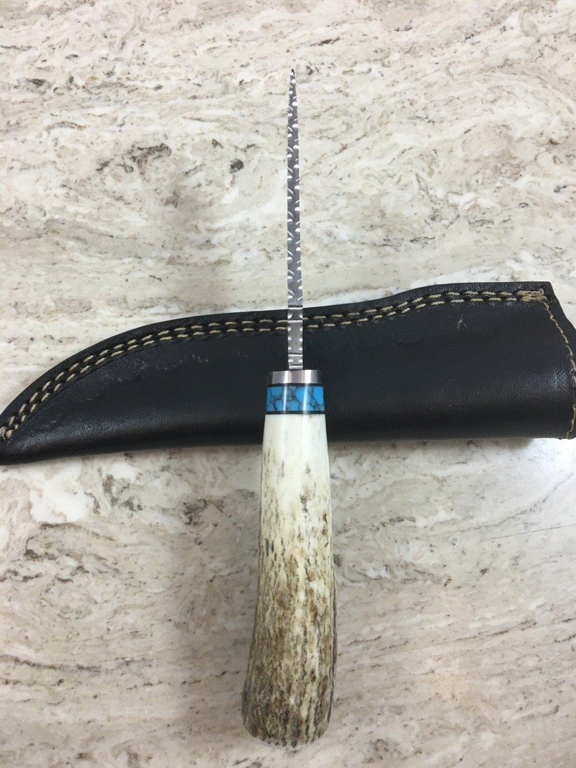 HTKVN-51  Damascus Skinner Custom handmade Knife / Whitetail Stag / Twist Pattern / Great quality / Camping / Hunting / Turquoise - HomeTown Knives