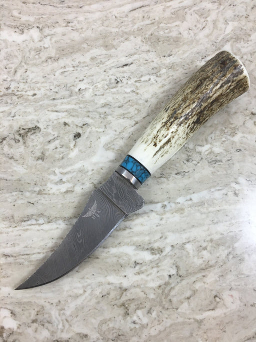 HTKVN-51  Damascus Skinner Custom handmade Knife / Whitetail Stag / Twist Pattern / Great quality / Camping / Hunting / Turquoise - HomeTown Knives