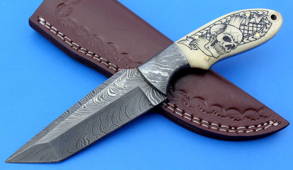 HTK - 212 Damascus  Knife / Custom / Hand Made  / Skinner / Hunting / Camping / Camel Bone Handle / Scrimshaw Art Work / Feather Pattern - HomeTown Knives
