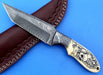 HTK - 212 Damascus  Knife / Custom / Hand Made  / Skinner / Hunting / Camping / Camel Bone Handle / Scrimshaw Art Work / Feather Pattern - HomeTown Knives