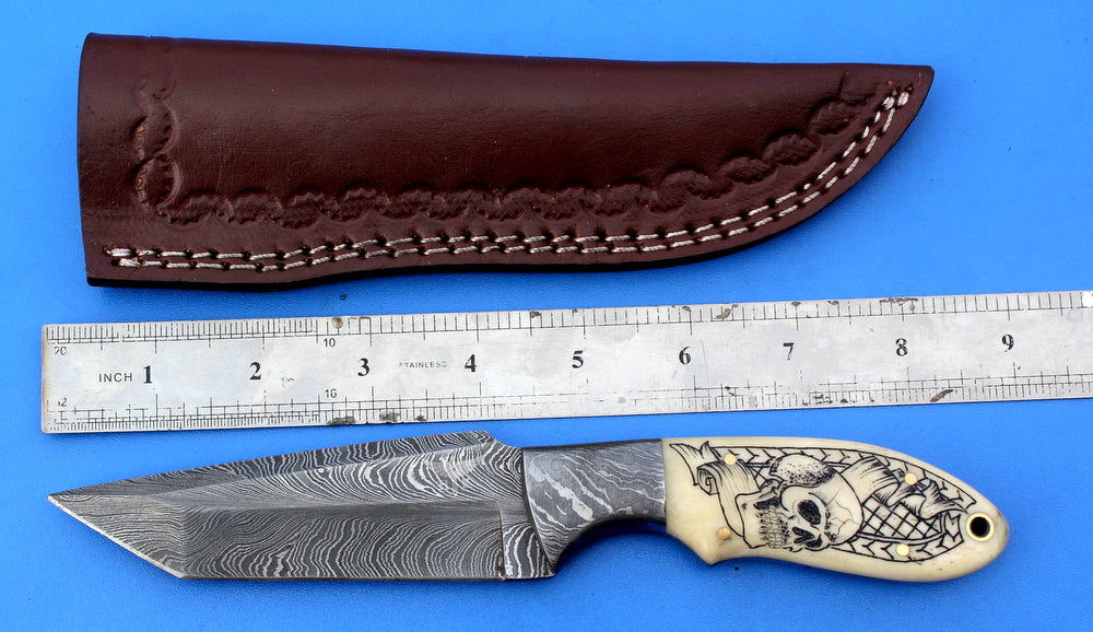 HTK - 212 Damascus  Knife / Custom / Hand Made  / Skinner / Hunting / Camping / Camel Bone Handle / Scrimshaw Art Work / Feather Pattern - HomeTown Knives