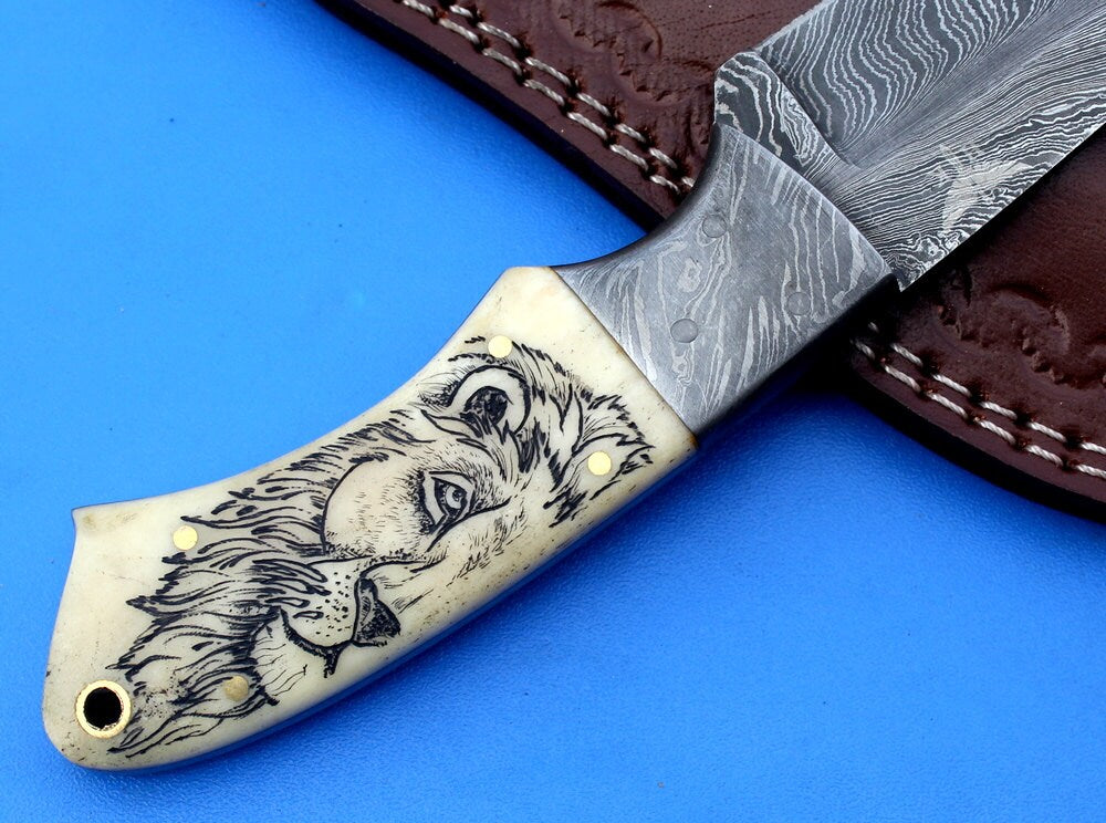 HTK - 213 Damascus  Knife / Custom / Hand Made  / Skinner / Hunting / Camping / Camel Bone Handle / Scrimshaw Art Work / Feather Pattern - HomeTown Knives
