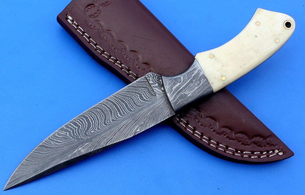 HTK - 213 Damascus  Knife / Custom / Hand Made  / Skinner / Hunting / Camping / Camel Bone Handle / Scrimshaw Art Work / Feather Pattern - HomeTown Knives
