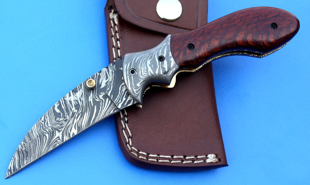 HTK - 216  Damascus Folder / Hand Made / Custom / Lace Wood handle / Damascus steel bolster / Liner Lock - HomeTown Knives