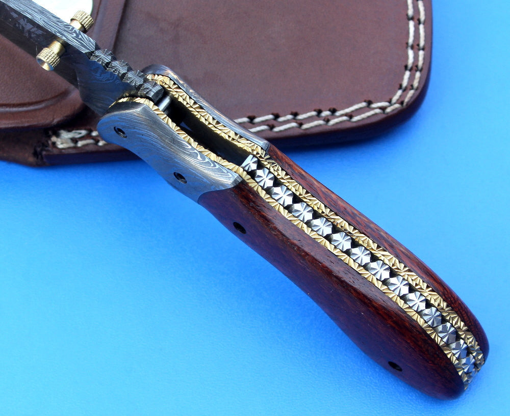 HTK - 216  Damascus Folder / Hand Made / Custom / Lace Wood handle / Damascus steel bolster / Liner Lock - HomeTown Knives