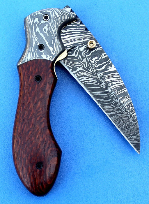HTK - 216  Damascus Folder / Hand Made / Custom / Lace Wood handle / Damascus steel bolster / Liner Lock - HomeTown Knives