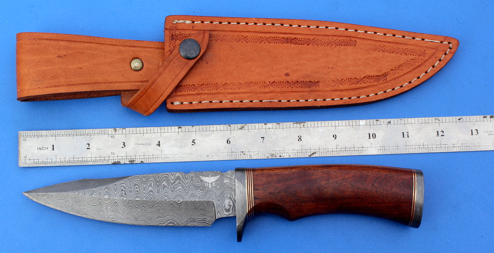 HTK-210 Damascus Knife custom handmade  Skinner /  Rose Wood Handle / Camping / Hunting - HomeTown Knives
