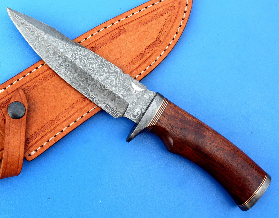 HTK-210 Damascus Knife custom handmade  Skinner /  Rose Wood Handle / Camping / Hunting - HomeTown Knives