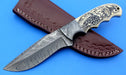 HTK -211 Damascus Knife / Hand Made / Custom / Skinner / Hunting / Camping / Camel Bone Handle / Scrimshaw Art Work / Feather Pattern - HomeTown Knives