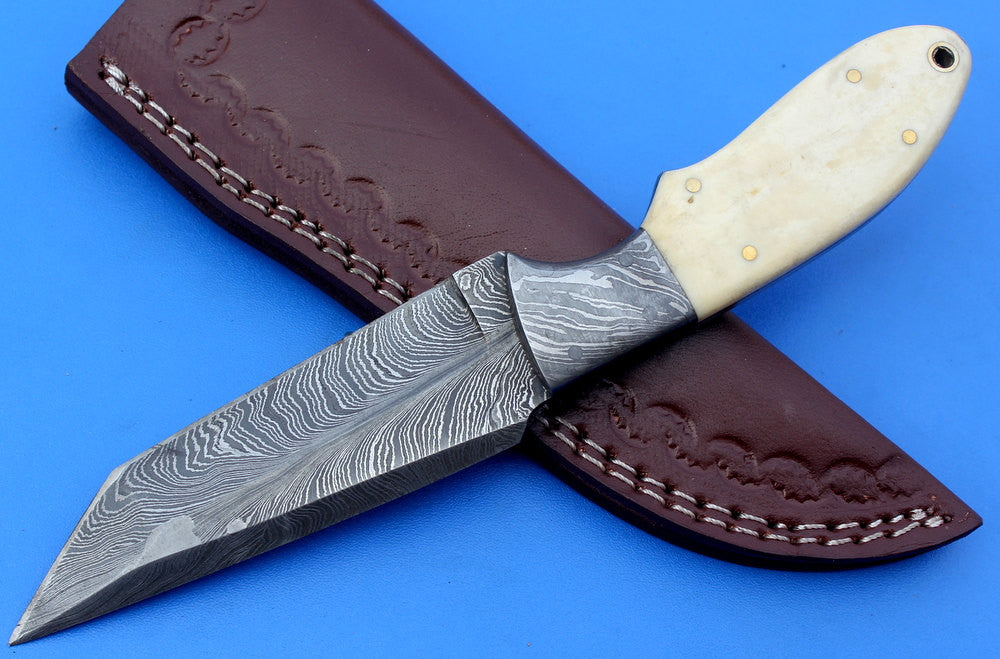 HTK - 212 Damascus  Knife / Custom / Hand Made  / Skinner / Hunting / Camping / Camel Bone Handle / Scrimshaw Art Work / Feather Pattern - HomeTown Knives