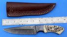 HTK - 213 Damascus  Knife / Custom / Hand Made  / Skinner / Hunting / Camping / Camel Bone Handle / Scrimshaw Art Work / Feather Pattern - HomeTown Knives