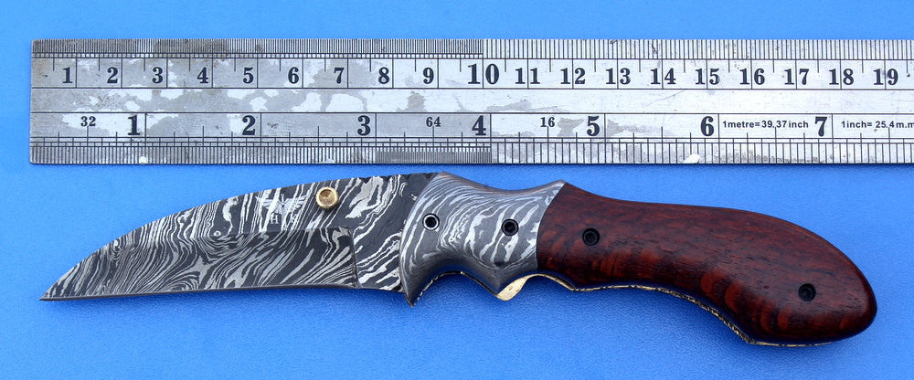 HTK - 216  Damascus Folder / Hand Made / Custom / Lace Wood handle / Damascus steel bolster / Liner Lock - HomeTown Knives