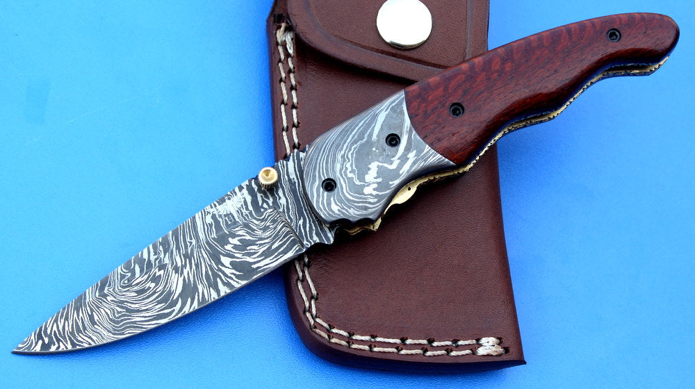 HTK - 217  Damascus Folder / Hand Made / Custom / Lace Wood handle / Damascus steel bolster / Liner Lock - HomeTown Knives