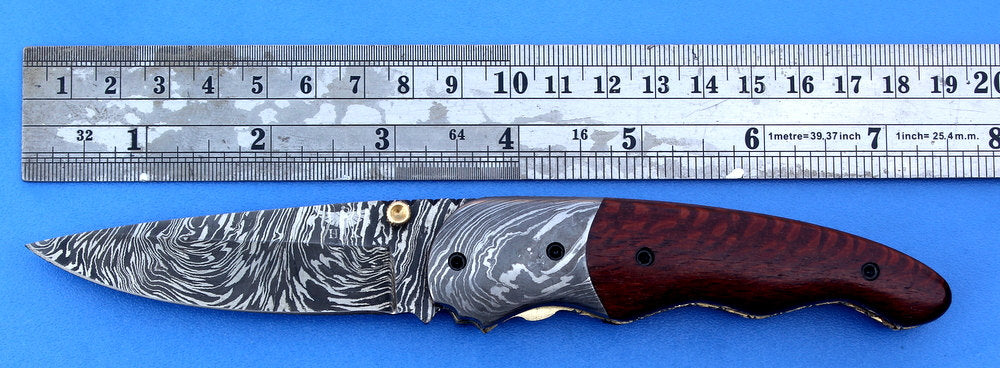 HTK - 217  Damascus Folder / Hand Made / Custom / Lace Wood handle / Damascus steel bolster / Liner Lock - HomeTown Knives