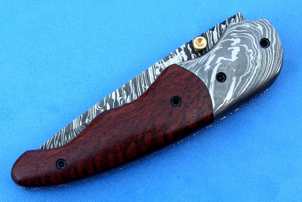 HTK - 217  Damascus Folder / Hand Made / Custom / Lace Wood handle / Damascus steel bolster / Liner Lock - HomeTown Knives