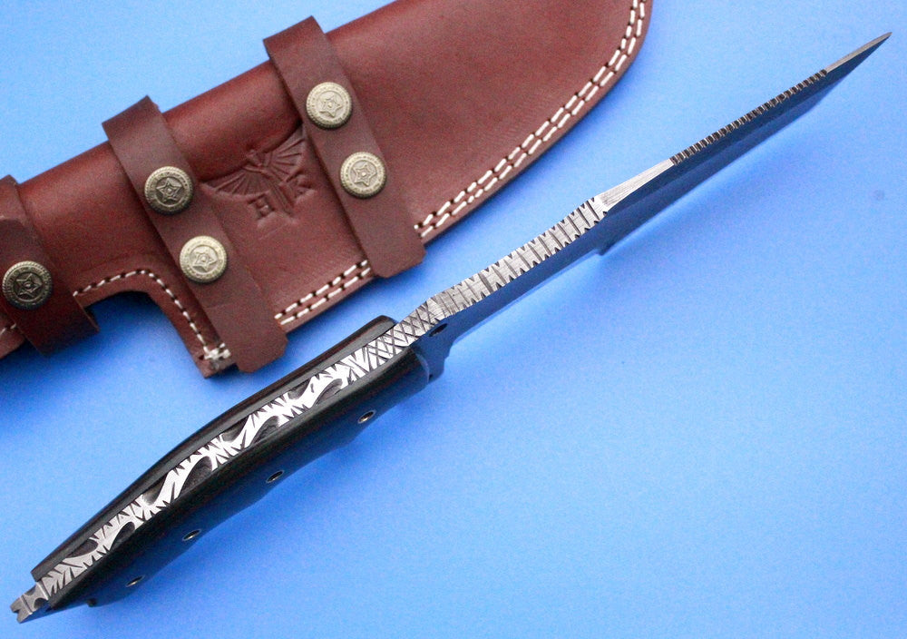 HTK 219 Damascus TANTO TRACKER / Survival Knife / Handmade / Custom / Forged / Bull Horn / Hand Filed Spine / Camping - HomeTown Knives