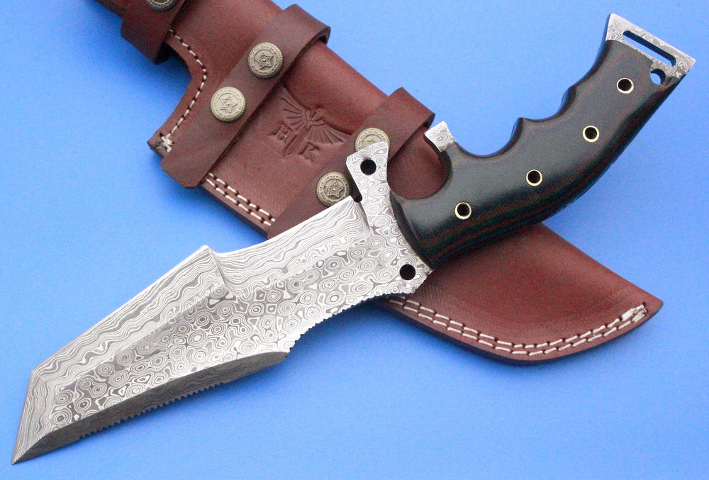 HTK 219 Damascus TANTO TRACKER / Survival Knife / Handmade / Custom / Forged / Bull Horn / Hand Filed Spine / Camping - HomeTown Knives