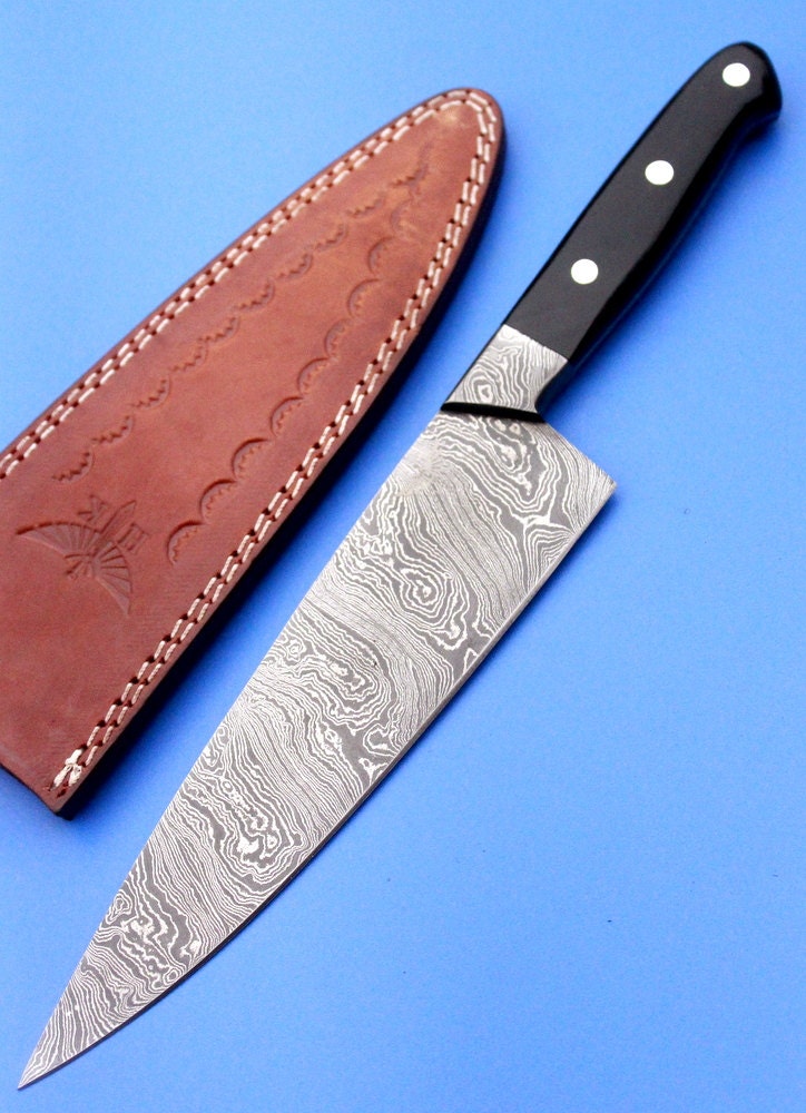 HT-62 (HTK-225) Damascus CHEF Knife / Kitchen/ Handmade / Custom / Forged / Hand File Spine / Black Handle