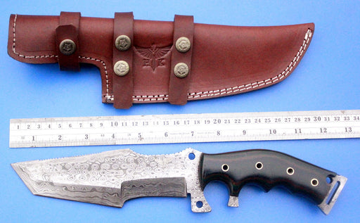 HTK 219 Damascus TANTO TRACKER / Survival Knife / Handmade / Custom / Forged / Bull Horn / Hand Filed Spine / Camping - HomeTown Knives