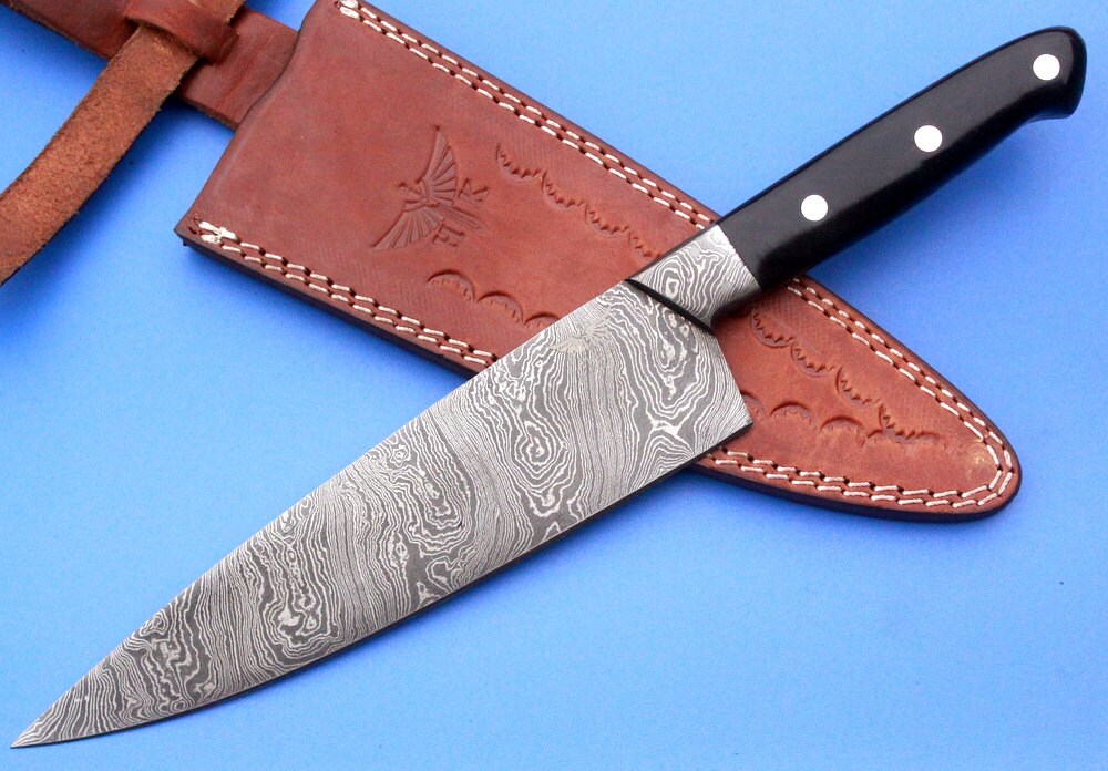 HT-62 (HTK-225) Damascus CHEF Knife / Kitchen/ Handmade / Custom / Forged / Hand File Spine / Black Handle