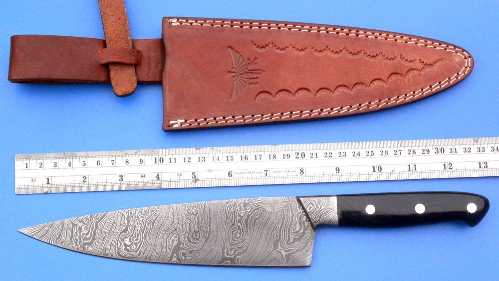 HT-62 (HTK-225) Damascus CHEF Knife / Kitchen/ Handmade / Custom / Forged / Hand File Spine / Black Handle