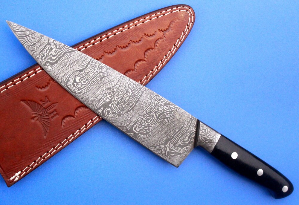 HT-62 (HTK-225) Damascus CHEF Knife / Kitchen/ Handmade / Custom / Forged / Hand File Spine / Black Handle